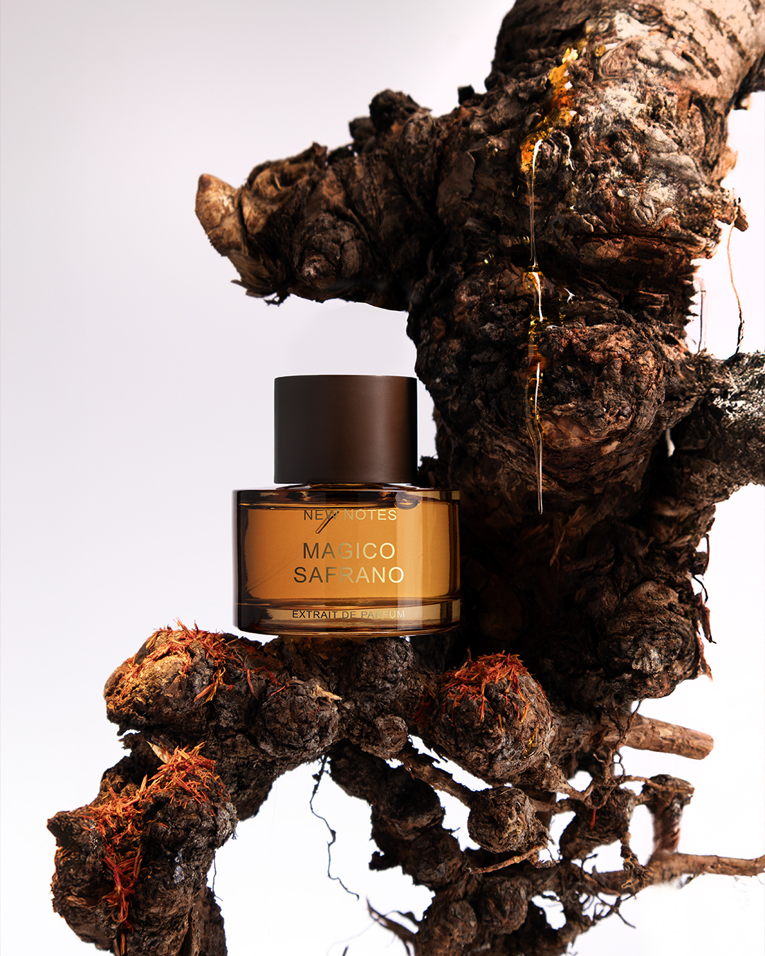Flakon perfum New Notes Magico Safrano Extrait de Parfum ustawiony na surowym, korzennym pniu drzewa z rozsypanym szafranem. Kompozycja podkreśla luksusowy, orientalno-przyprawowy charakter zapachu.