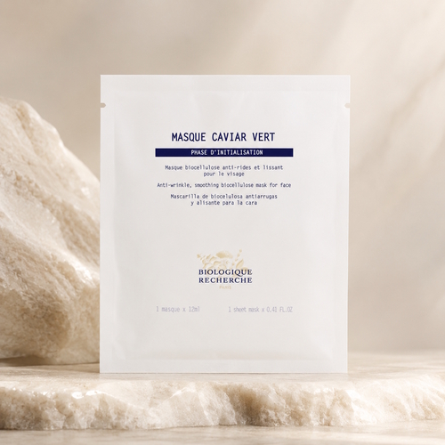 Biologique Recherche Masque Caviar Vert – wygładzająca maska przeciwzmarszczkowa w biocelulozowym płacie dla skóry z oznakami starzenia.