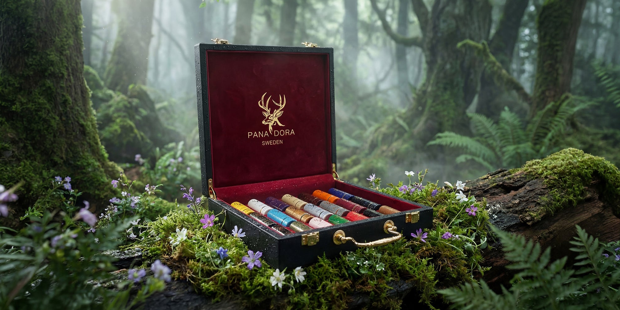 Pana Dora Dsicvoery set - walizka z próbkami perfum na ściętym pniu w lesie