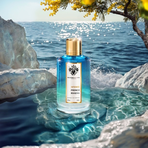 Mancera Intense French Riviera – ekstrakt perfum o morskim i drzewnym charakterze z mandarynką, cytryną, imbirem, czarnym pieprzem, bryzą morską, oudem, kwiatem tiaré, cedrem, wetiwerem, solą morską, ambrą szarą i białym piżmem.