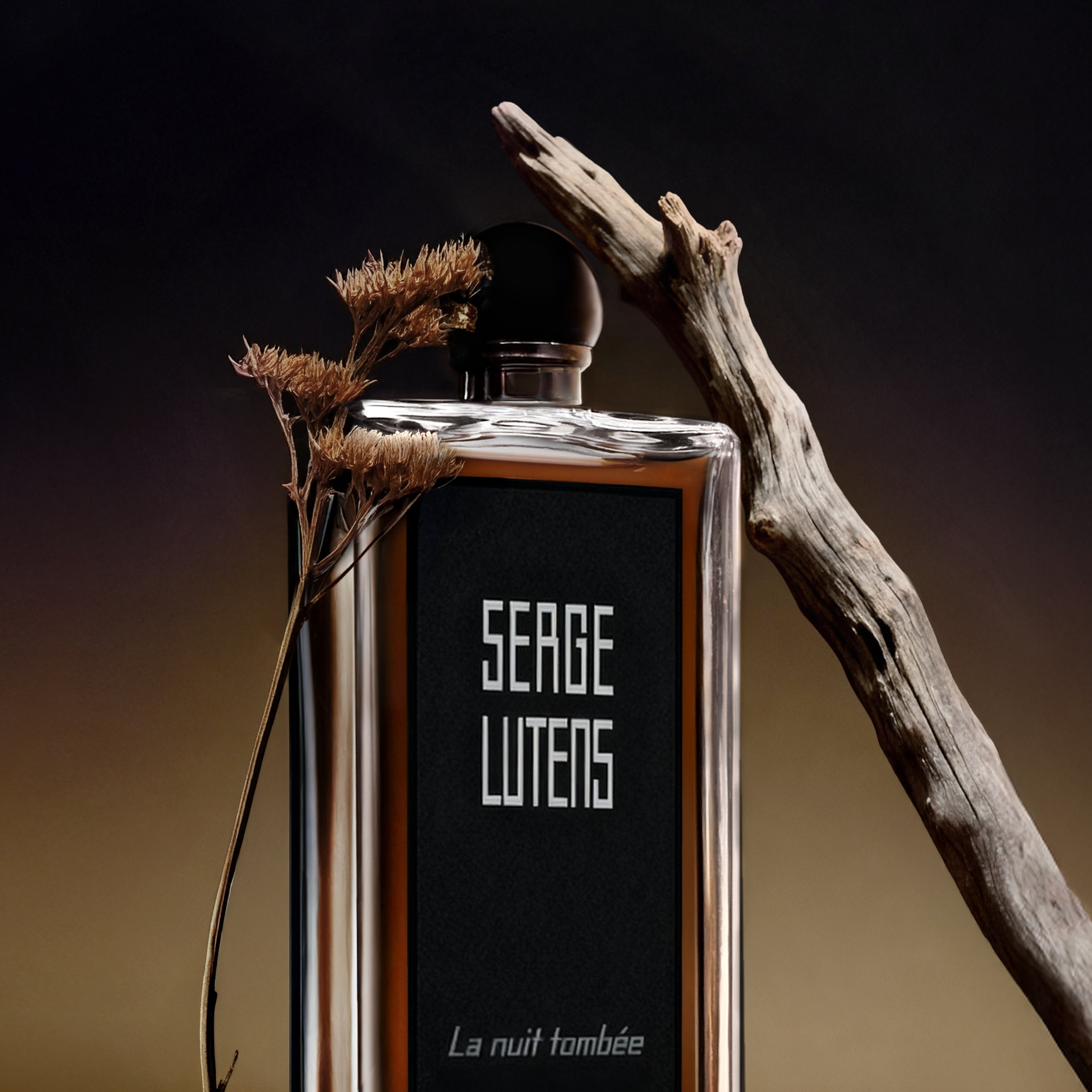 Serge Lutens La Nuit Tombée – flakon perfum w mrocznym, eleganckim otoczeniu podkreślającym ambrowo-drzewny charakter zapachu.