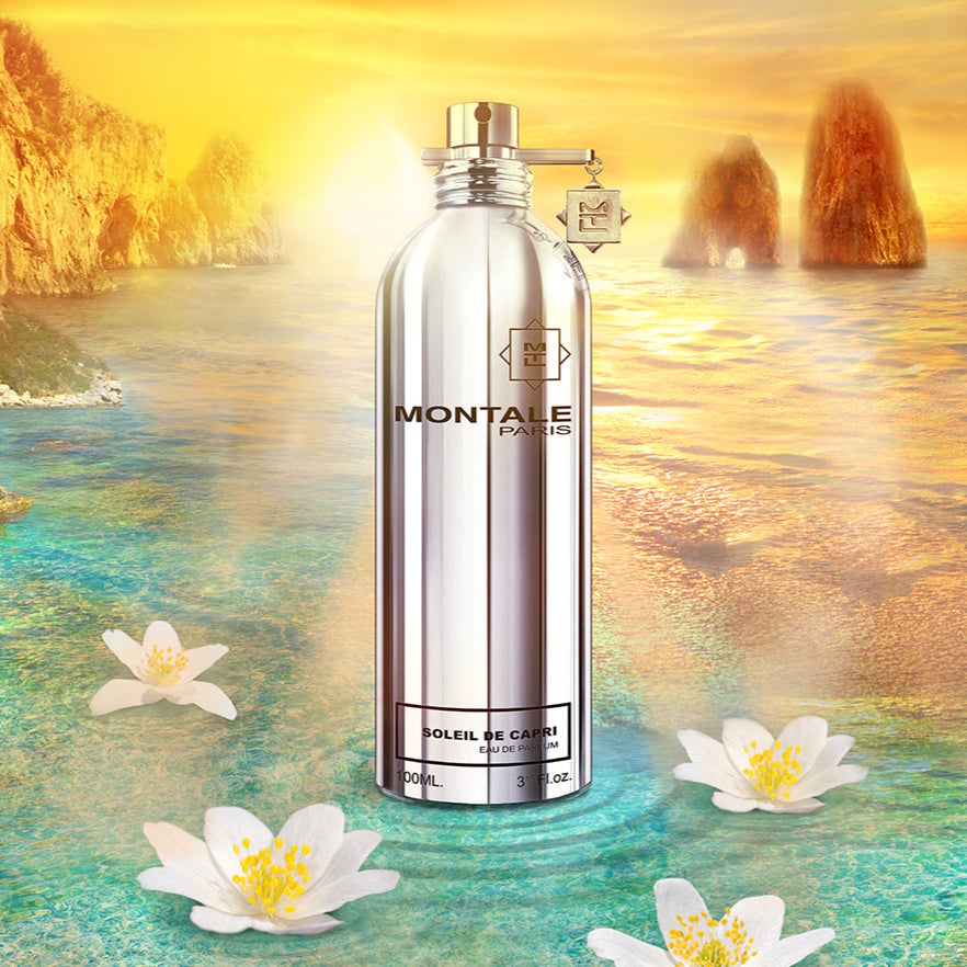 Montale Soleil de Capri – flakon perfum na tle słonecznego, śródziemnomorskiego krajobrazu podkreślającego świeży cytrusowo-owocowy charakter zapachu.